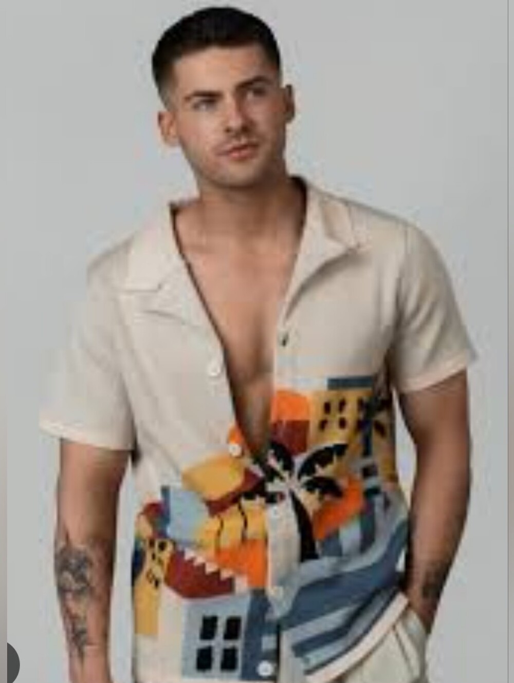 Martin + Osa SunseCream Short-Sleeve Button-Down with Multicolor Block Print NEW